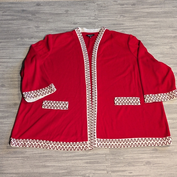 Women's Misook Red Waffle Knit 3/4 Sleeve Cardigan Sweater w/ White Trim, Sz 2X - Picture 1 of 10